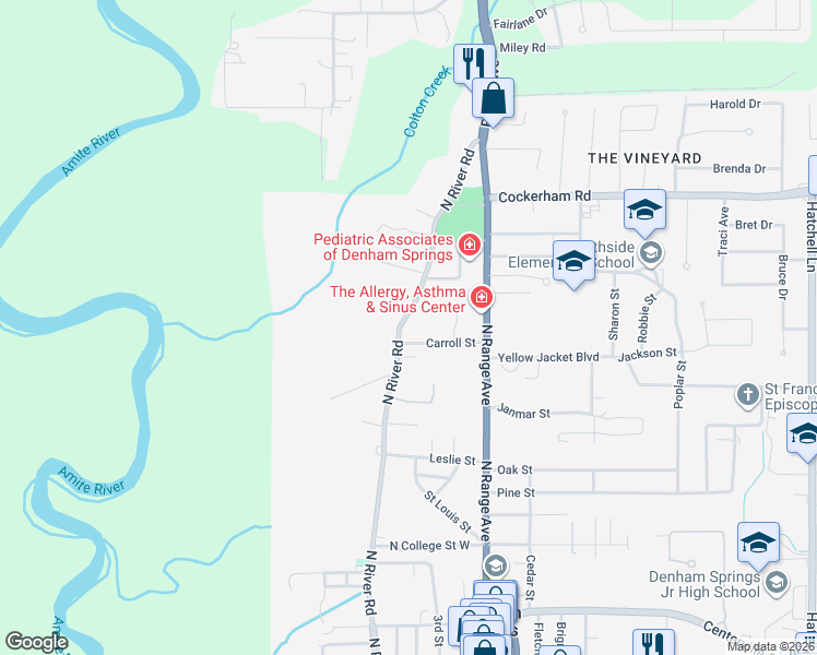 map of restaurants, bars, coffee shops, grocery stores, and more near 1004 North River Road in Denham Springs