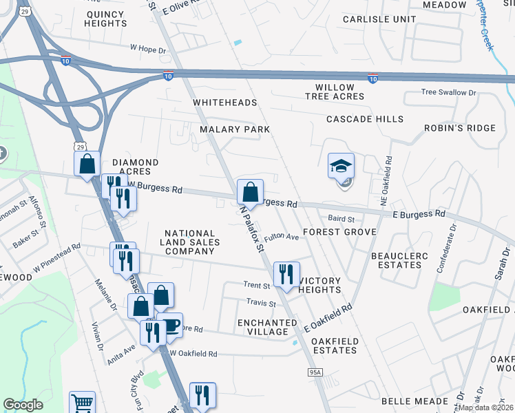 map of restaurants, bars, coffee shops, grocery stores, and more near 25 East Burgess Road in Pensacola