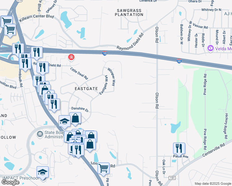 map of restaurants, bars, coffee shops, grocery stores, and more near 2556 Whisper Way in Tallahassee