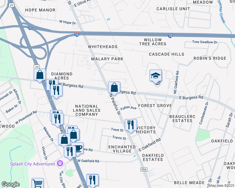 map of restaurants, bars, coffee shops, grocery stores, and more near 25 East Burgess Road in Pensacola