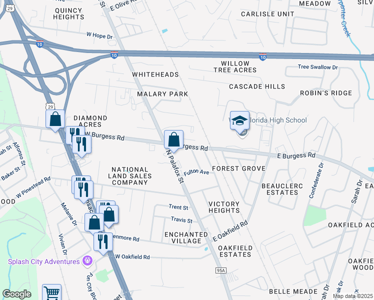 map of restaurants, bars, coffee shops, grocery stores, and more near 25 East Burgess Road in Pensacola