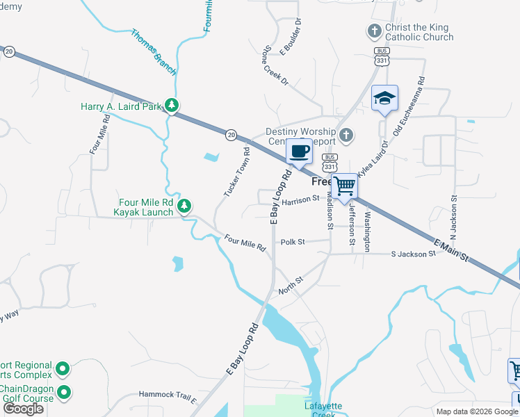 map of restaurants, bars, coffee shops, grocery stores, and more near 55 Van Buren Street in Freeport