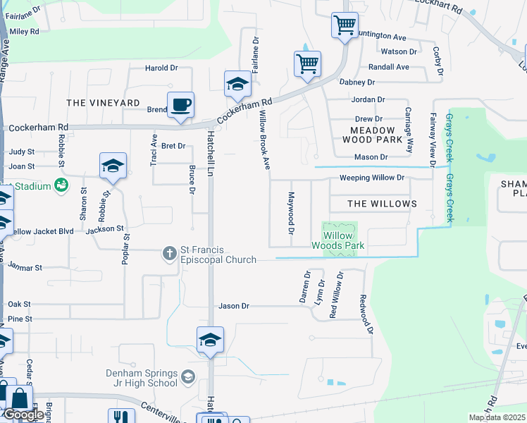 map of restaurants, bars, coffee shops, grocery stores, and more near 951 Willow Brook Avenue in Denham Springs
