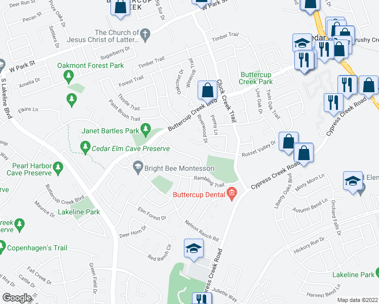 map of restaurants, bars, coffee shops, grocery stores, and more near 618 Brookside Pass in Cedar Park