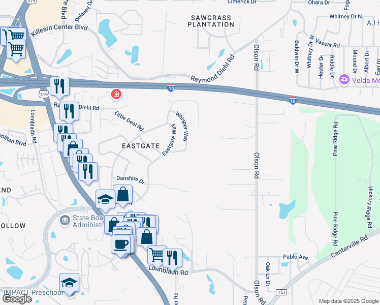 map of restaurants, bars, coffee shops, grocery stores, and more near 2556 Whisper Way in Tallahassee