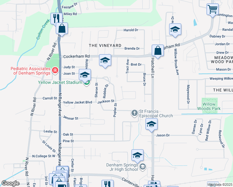 map of restaurants, bars, coffee shops, grocery stores, and more near 916 Poplar Street in Denham Springs