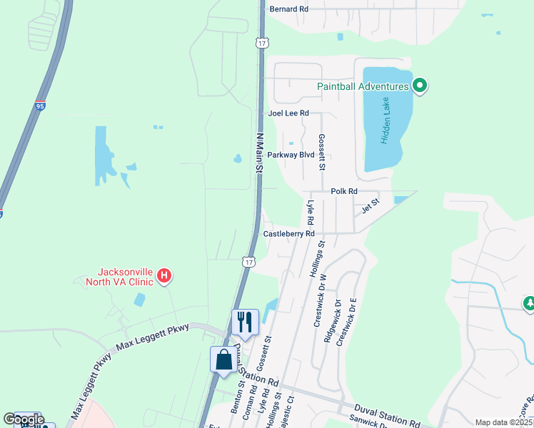 map of restaurants, bars, coffee shops, grocery stores, and more near 14353 Main Street North in Jacksonville