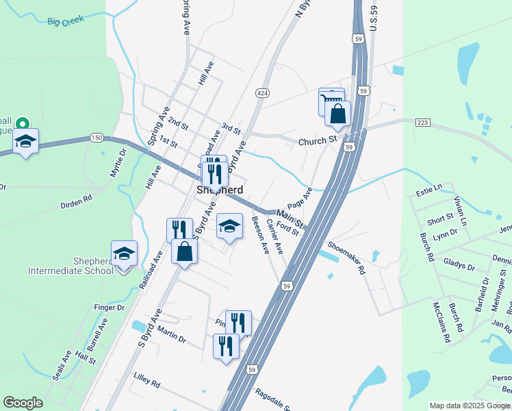 map of restaurants, bars, coffee shops, grocery stores, and more near 91 McKellar Street in Shepherd