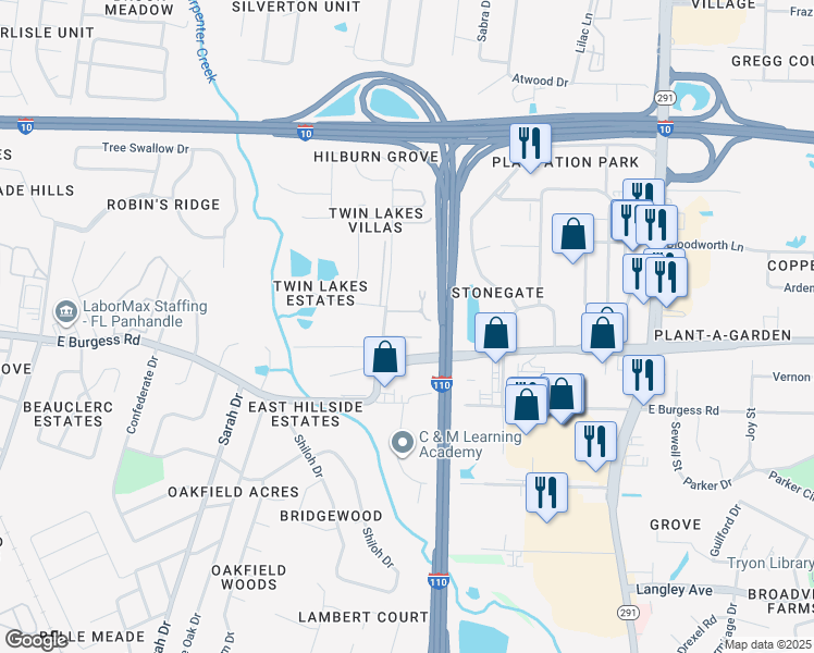 map of restaurants, bars, coffee shops, grocery stores, and more near 6030 Hilburn Road in Pensacola