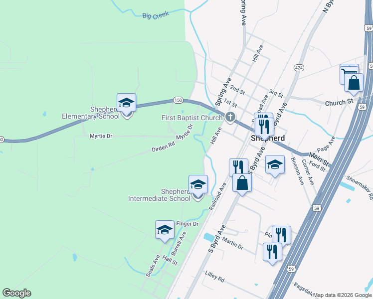 map of restaurants, bars, coffee shops, grocery stores, and more near 121 Dirden Road in Shepherd