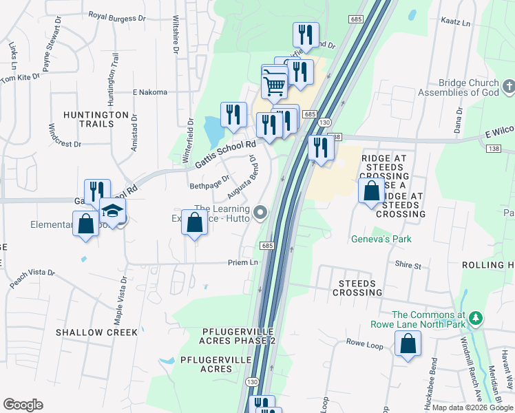map of restaurants, bars, coffee shops, grocery stores, and more near 1020 Muirfield Bend Drive in Hutto