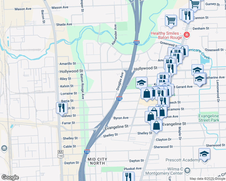 map of restaurants, bars, coffee shops, grocery stores, and more near 2774 Lorraine Street in Baton Rouge