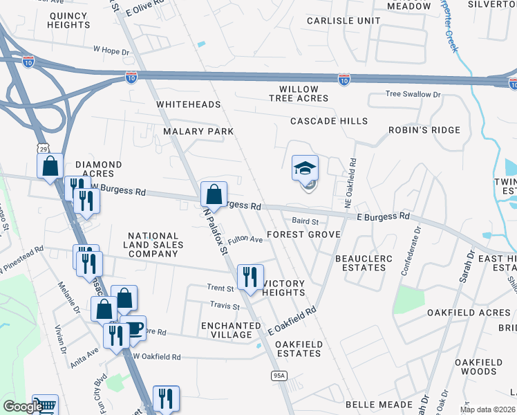 map of restaurants, bars, coffee shops, grocery stores, and more near 51 East Burgess Road in Pensacola