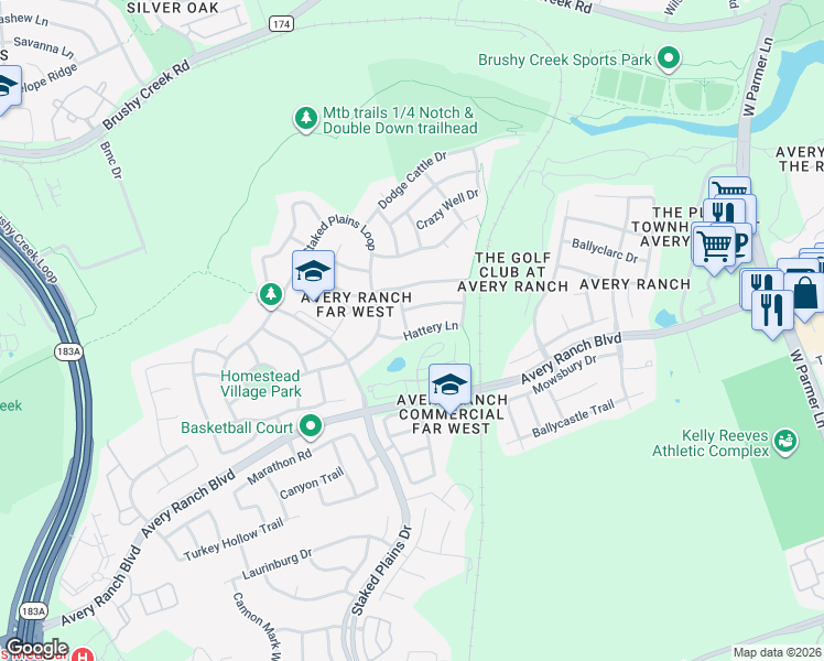 map of restaurants, bars, coffee shops, grocery stores, and more near 14601 Springs Edge Drive in Austin