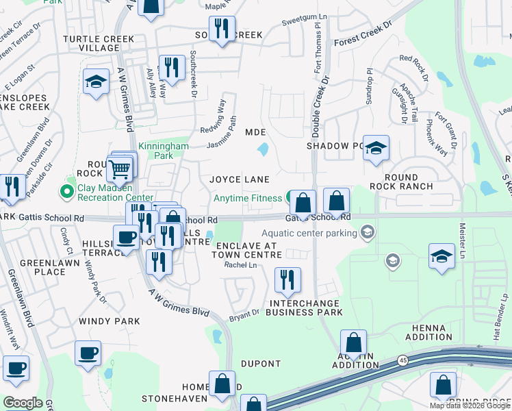 map of restaurants, bars, coffee shops, grocery stores, and more near 2306 Gattis School Road in Round Rock