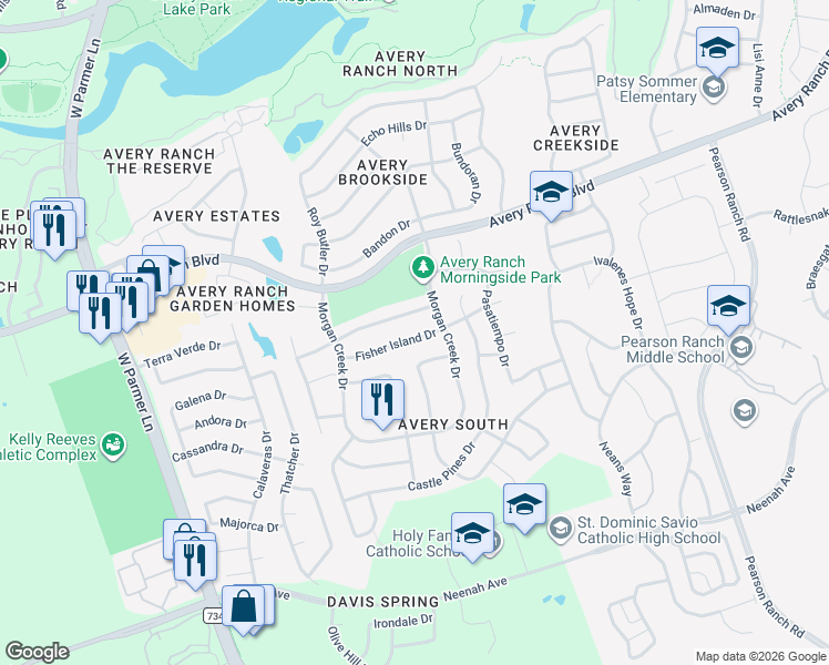 map of restaurants, bars, coffee shops, grocery stores, and more near 15501 Fisher Island Drive in Austin