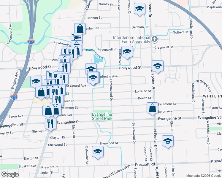 map of restaurants, bars, coffee shops, grocery stores, and more near 5187 Lemonwood Drive in Baton Rouge