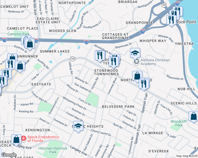 map of restaurants, bars, coffee shops, grocery stores, and more near 6150 Azalea Road in Pensacola