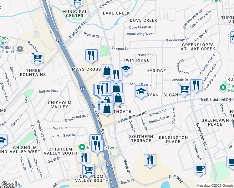 map of restaurants, bars, coffee shops, grocery stores, and more near 1305 South Mays Street in Round Rock