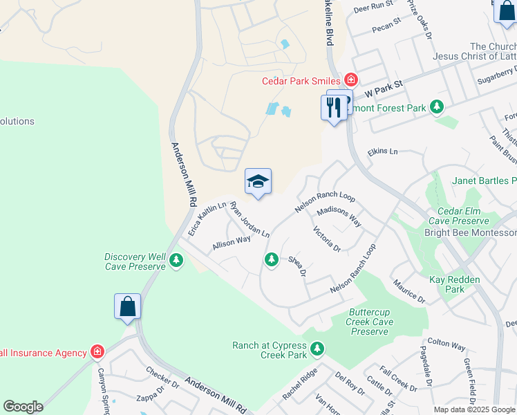 map of restaurants, bars, coffee shops, grocery stores, and more near 300 Ryan Jordan Lane in Cedar Park