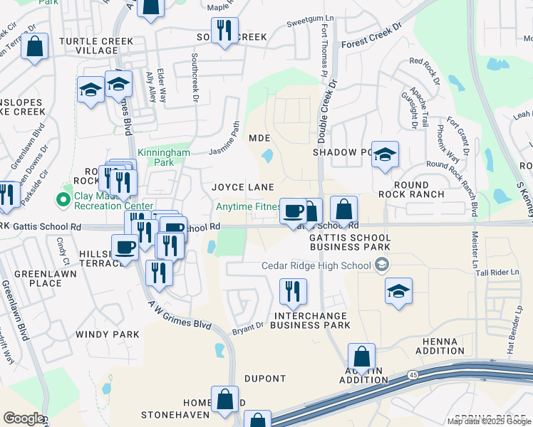 map of restaurants, bars, coffee shops, grocery stores, and more near 2306 Gattis School Road in Round Rock
