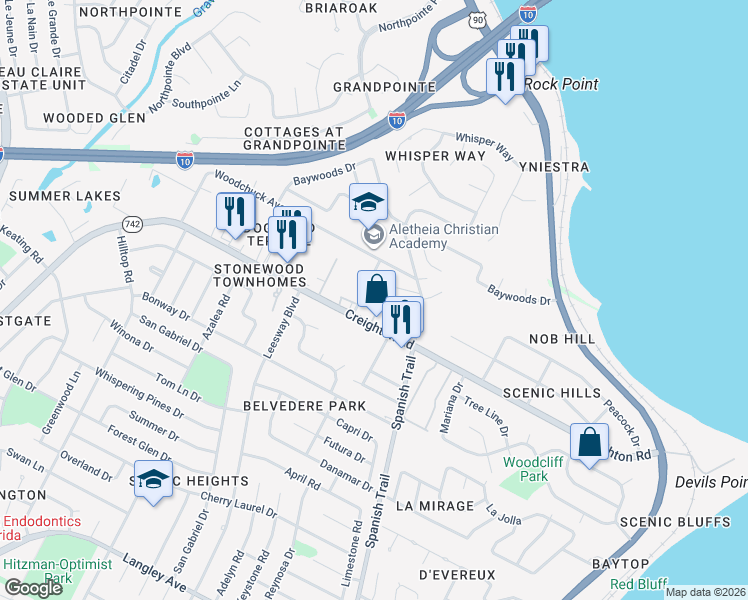 map of restaurants, bars, coffee shops, grocery stores, and more near 6141 North Enclave Drive in Pensacola