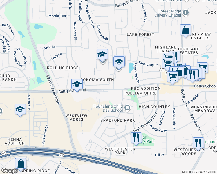 map of restaurants, bars, coffee shops, grocery stores, and more near 3450 Shiraz Loop in Round Rock