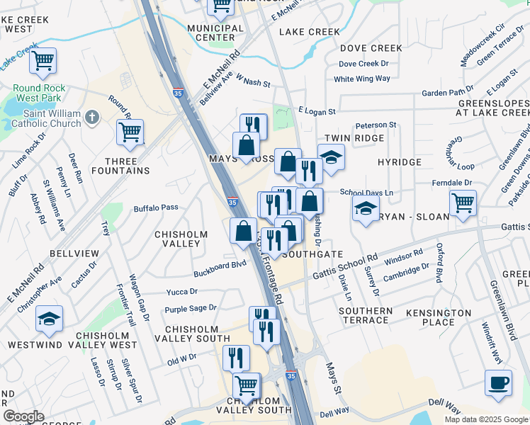 map of restaurants, bars, coffee shops, grocery stores, and more near 1200 South Mays Street in Round Rock