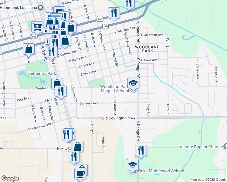 map of restaurants, bars, coffee shops, grocery stores, and more near 1001 South Chestnut Street in Hammond