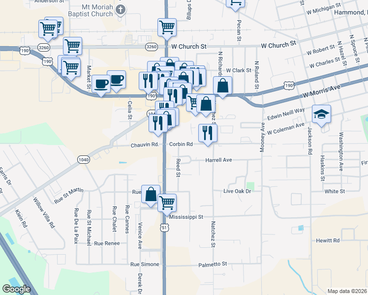 map of restaurants, bars, coffee shops, grocery stores, and more near 112 Reed Street in Hammond