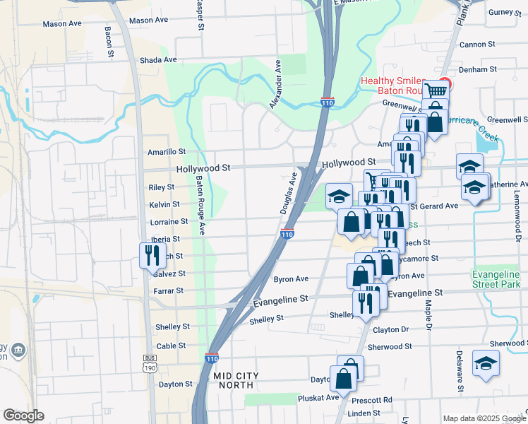 map of restaurants, bars, coffee shops, grocery stores, and more near 2774 Lorraine Street in Baton Rouge
