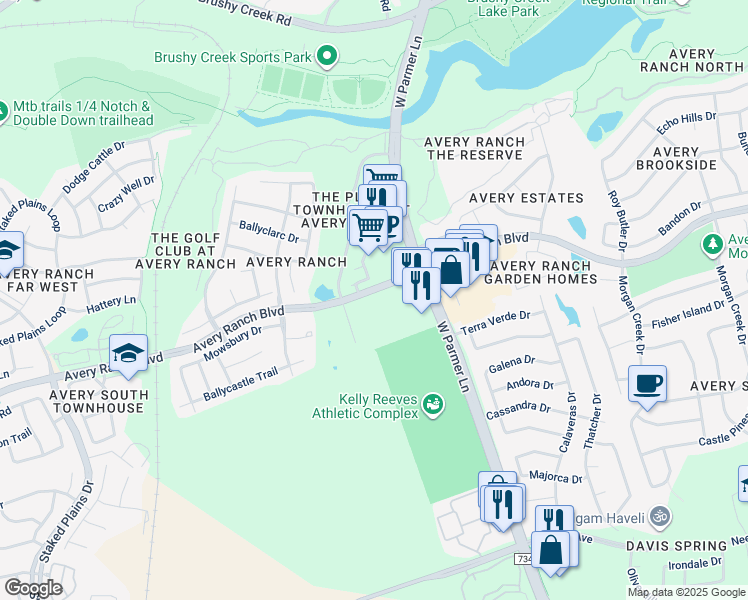 map of restaurants, bars, coffee shops, grocery stores, and more near 14815 Avery Ranch Boulevard in Austin