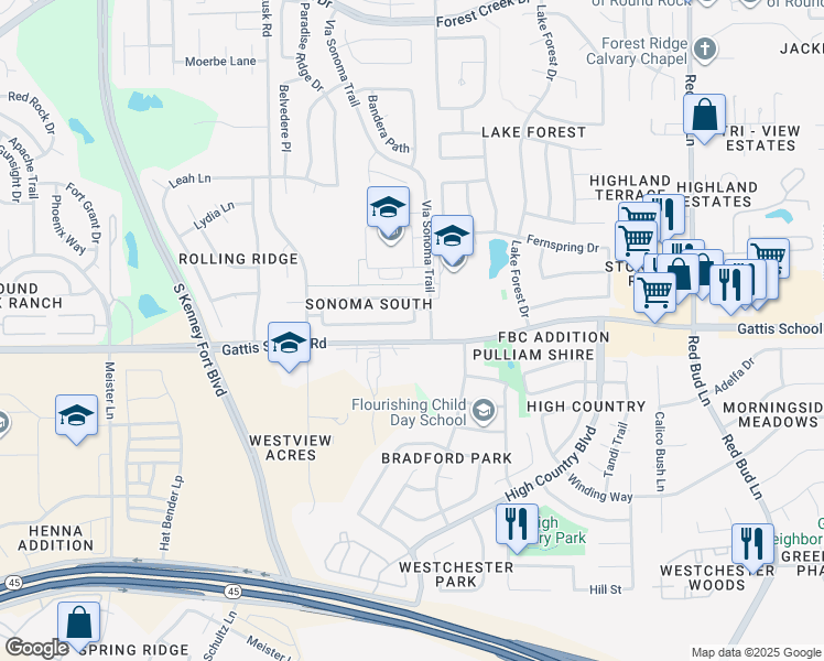 map of restaurants, bars, coffee shops, grocery stores, and more near 3525 County Road 30 in Round Rock