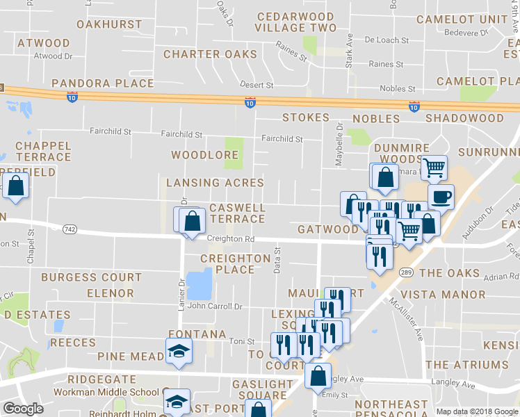 map of restaurants, bars, coffee shops, grocery stores, and more near 2111 Lansing Drive in Pensacola