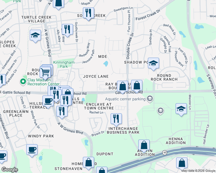 map of restaurants, bars, coffee shops, grocery stores, and more near 2306 Gattis School Road in Round Rock