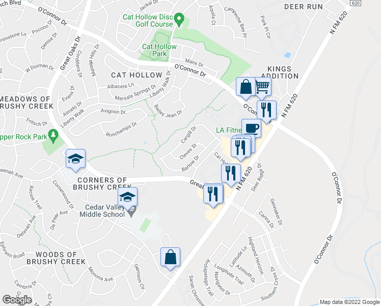 map of restaurants, bars, coffee shops, grocery stores, and more near 5017 Cleves Street in Round Rock