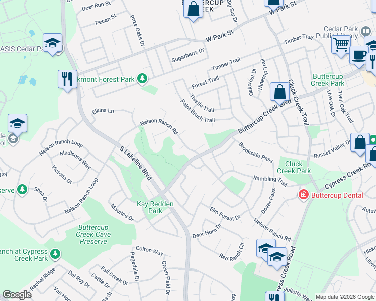 map of restaurants, bars, coffee shops, grocery stores, and more near 752 Nelson Ranch Road in Cedar Park