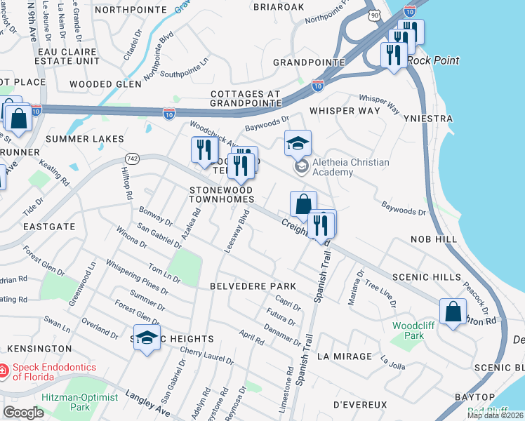 map of restaurants, bars, coffee shops, grocery stores, and more near 6100 Lebanon Lane in Pensacola