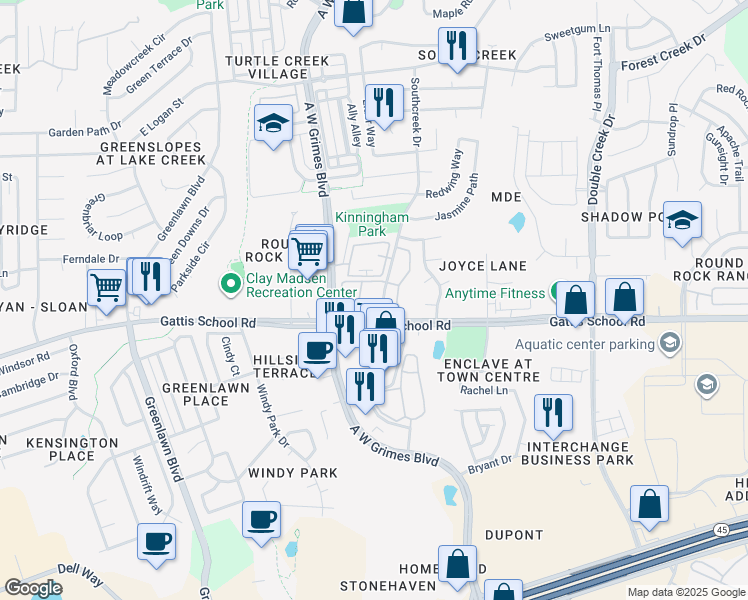 map of restaurants, bars, coffee shops, grocery stores, and more near 1111 Southcreek Drive in Round Rock