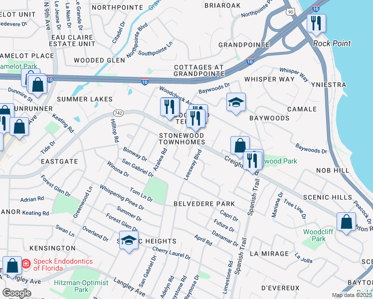 map of restaurants, bars, coffee shops, grocery stores, and more near 3835 Creighton Road in Pensacola