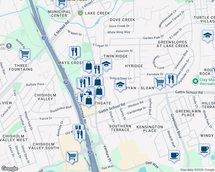 map of restaurants, bars, coffee shops, grocery stores, and more near 1203 Cushing Drive in Round Rock