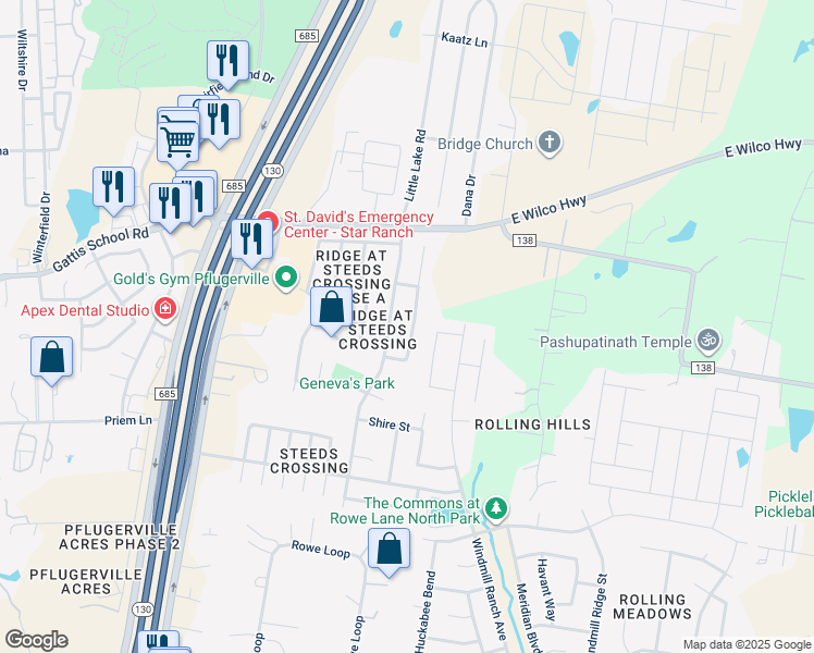 map of restaurants, bars, coffee shops, grocery stores, and more near 21218 Grand National Avenue in Pflugerville