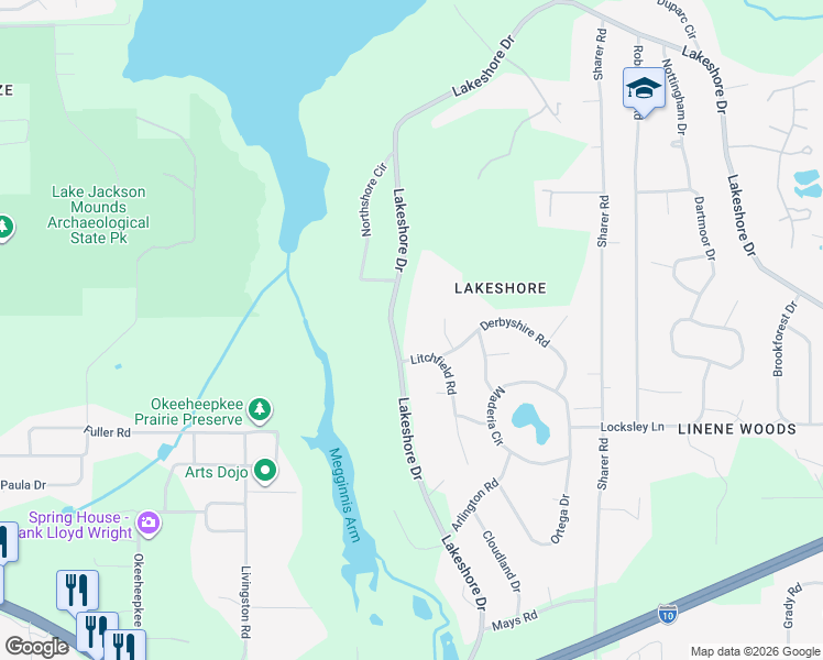 map of restaurants, bars, coffee shops, grocery stores, and more near 3225 Lakeshore Drive in Tallahassee