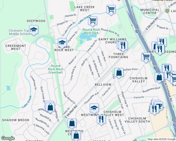 map of restaurants, bars, coffee shops, grocery stores, and more near 1300 Abbey Road in Round Rock