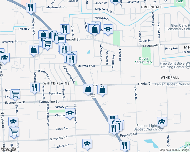 map of restaurants, bars, coffee shops, grocery stores, and more near 6515 Hanks Drive in Baton Rouge