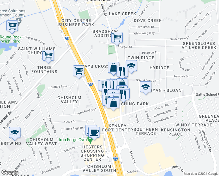 map of restaurants, bars, coffee shops, grocery stores, and more near 1401 South Interstate 35 Frontage Road in Round Rock