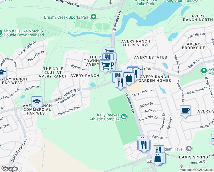 map of restaurants, bars, coffee shops, grocery stores, and more near 14815 Avery Ranch Boulevard in Austin