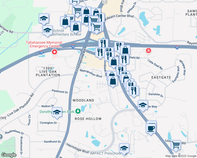 map of restaurants, bars, coffee shops, grocery stores, and more near 1600 Eagles Landing Boulevard in Tallahassee