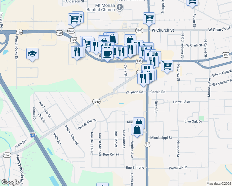 map of restaurants, bars, coffee shops, grocery stores, and more near 2247 Old Baton Rouge Highway in Hammond