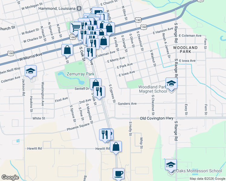 map of restaurants, bars, coffee shops, grocery stores, and more near 820 South Cypress Street in Hammond